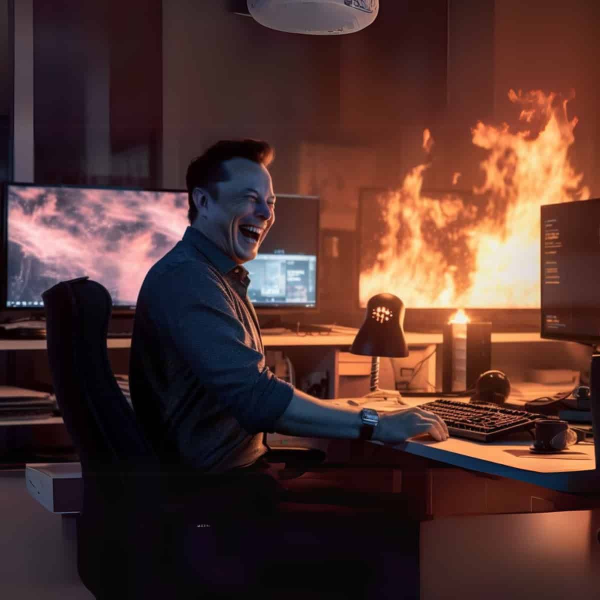 A happy Elon Musk sits in a burning office.