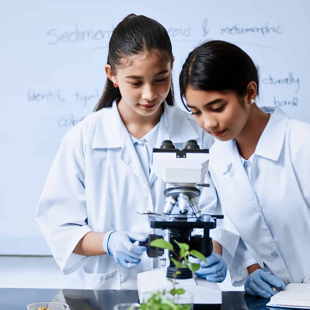 Two teenage girls use a confocal microscope to examine what is presumably plant material, and education happens.
