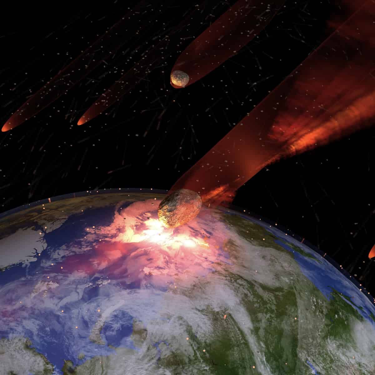Artist's rendering of a massive asteroid impact on Earth. The image shows Earth from space with continents and oceans visible