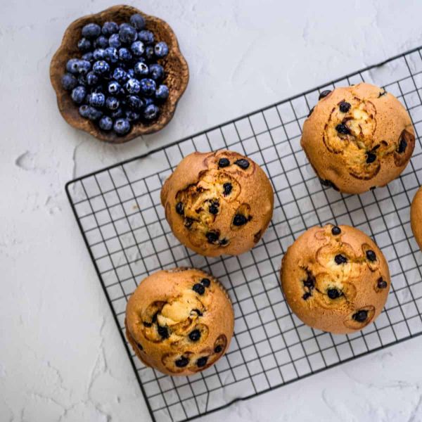 Blueberries next to blueberry muffins cooling on a rack.