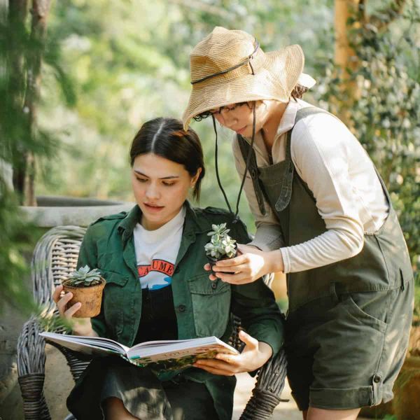 Two women gardening and looking fascinated