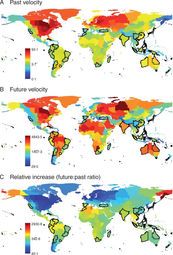 Past climate change velocity, expected future velocity and the ratio of expected future:past