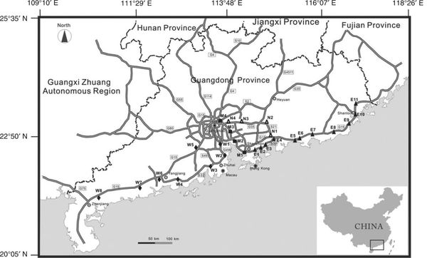 Sampling plots of Mikania micrantha in Guangdong Province, South China.