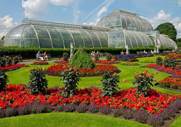 Flowers planted in front of the Palm House at Kew Gardens