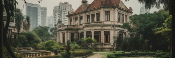 A mansion with a tidy garden surrounded by derelict skyscrapers.