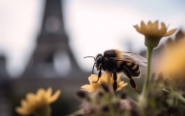 A computer-generated bee pollinating a flower.