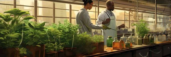 A digital painting of soy plants being examined in a laboratory by an ethnically diverse team.