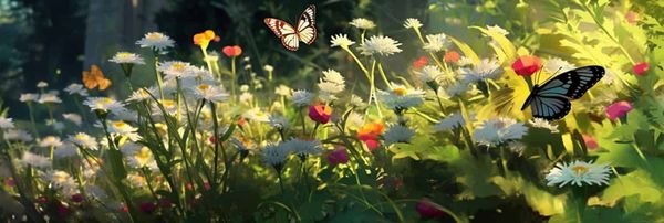 Many flowers offer nectar to passing computer-generated butterflies.