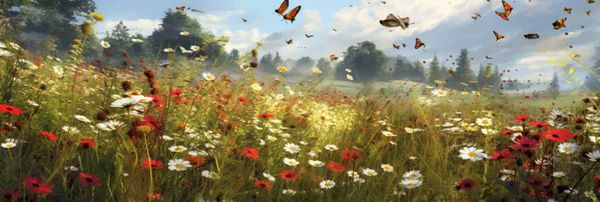 Computer-generated pollinators fly over a digital field.