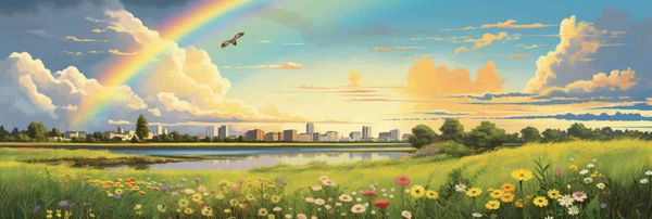 A digital and very inaccurate painting of Walthamstow Marshes. It looks nice, and it has a rainbow in it.