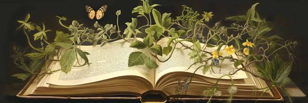Plants growing over a digital book.