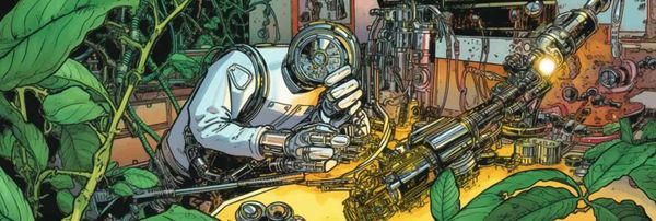 A computer-generated robot in the style of 1960s pulp scifi creates a leaf.