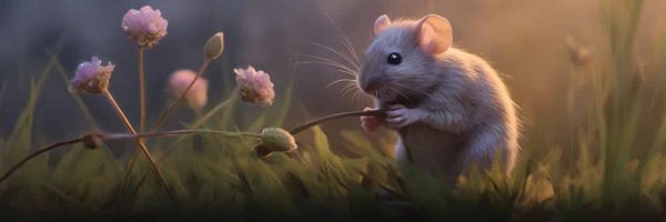 A computer-generated vole sits eating a digital flower.
