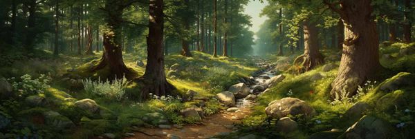 A meandering digital path through a computer-generated forest.