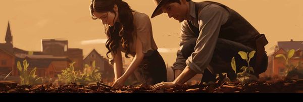 A digital cowgirl and computer-generated cowboy plant computer generated seeds in a university that may or may not have origi