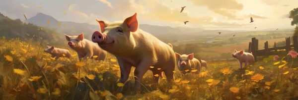 Digital pigs frolic in a computer-generated field.