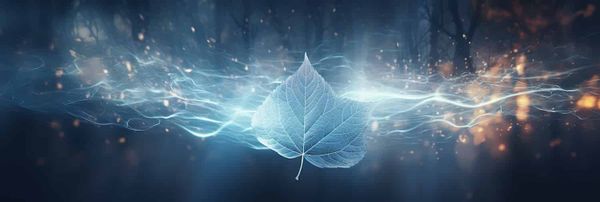 A leaf evaporating into a digital mist of ones and zeroes.