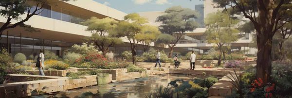 A computer-generated botanic garden in the shade of a digital hospital.