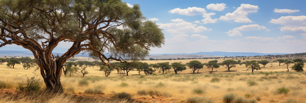 Digital olive trees invade a computer-generated landscape.