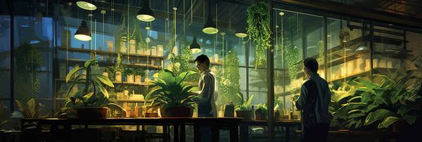 Digital botanists work on genetic data in a computer-generated lab.