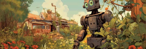 A digital robot ignores a computer-generated card, in the style of a 1950s pulp scifi comic.