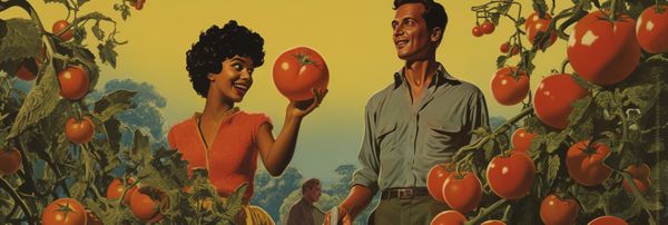 A woman holds a giant tomato and a man looks amazed, or possibly concussed. The image is in the style of a 1950s pulp scifi c