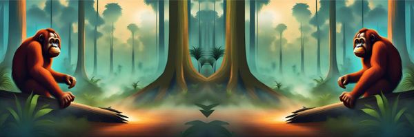 Two mirrored computer generated orangutans stare sadly at deforestation in a digital forest.
