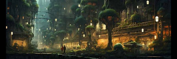 Computer-generated plants invading a digital city.