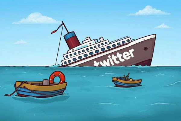 A ship marked Twitter sinks as lifeboats drift away.