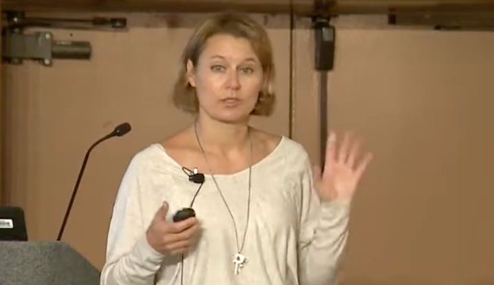 Pam Dingle in 2014, caught mid-presentation, waving hands and trying to explain something
