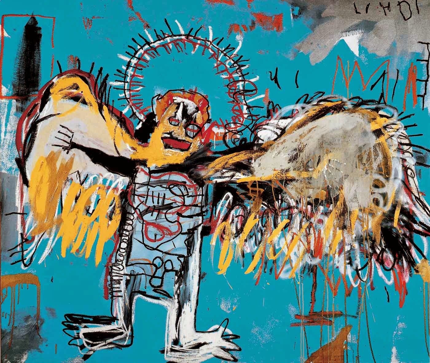 Picture of Jean Michel Basquiat's Fallen Angel featuring an angel in his neoexpressionist style, dripping wings. 