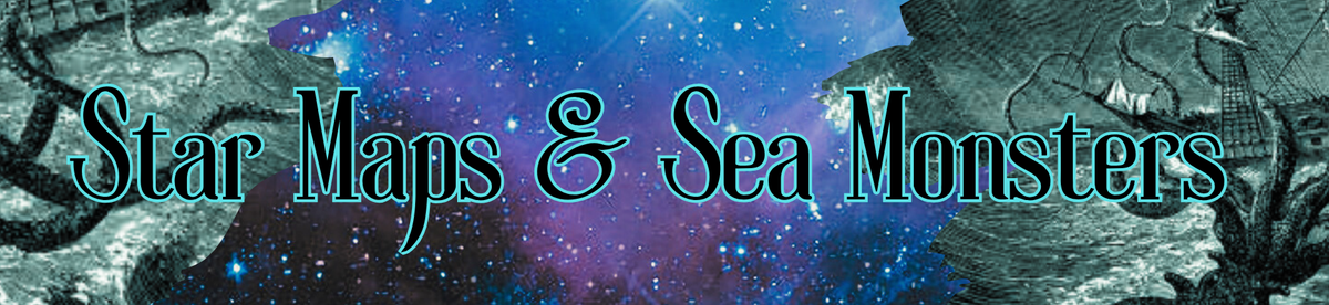 Star Maps & Sea Monsters Logo Featuring A Kraken, A Ship, and Constellations. 
