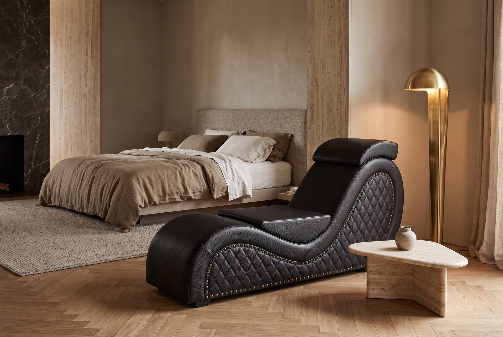 Chaise longue capitonné nera in una camera da letto di design italiano con dettagli in marmo e ottone