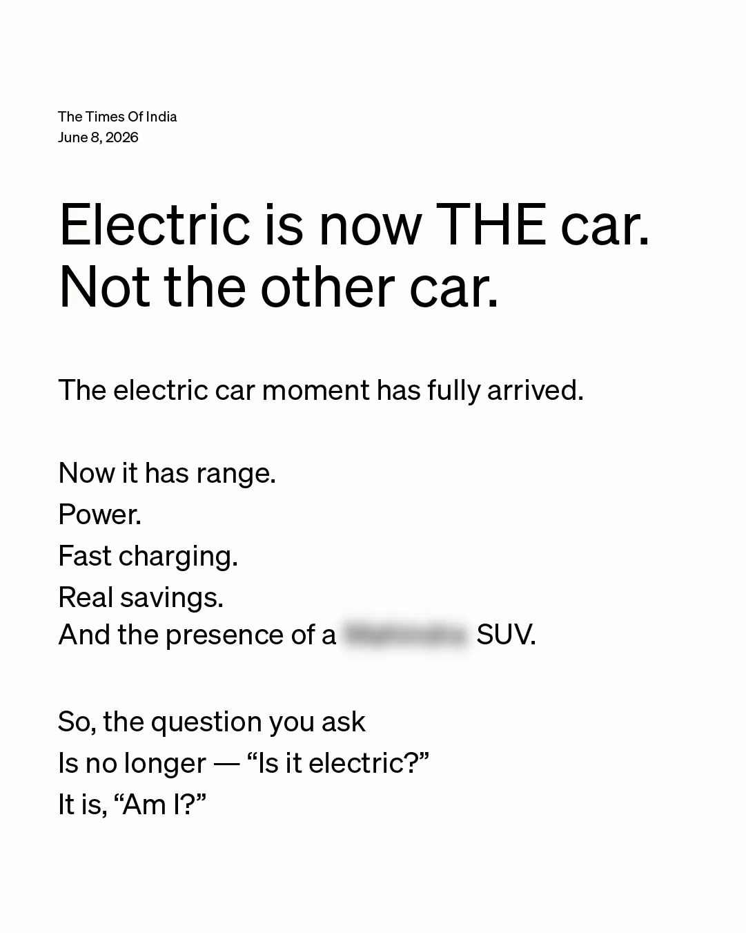 Mahindra electric SUV ad in Times of India, June 8, 2026; headline: Electric is now THE car