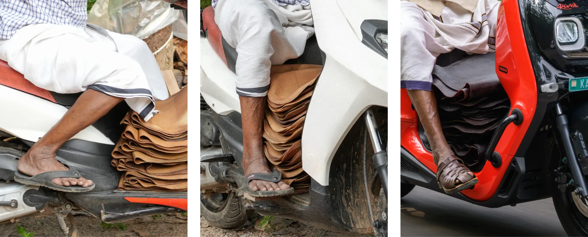 Collage: Left pic: rubber sheets on floorboard, no legroom for famrer; Centre: wooden plank hack; Right: River Indie with front foot-pegs