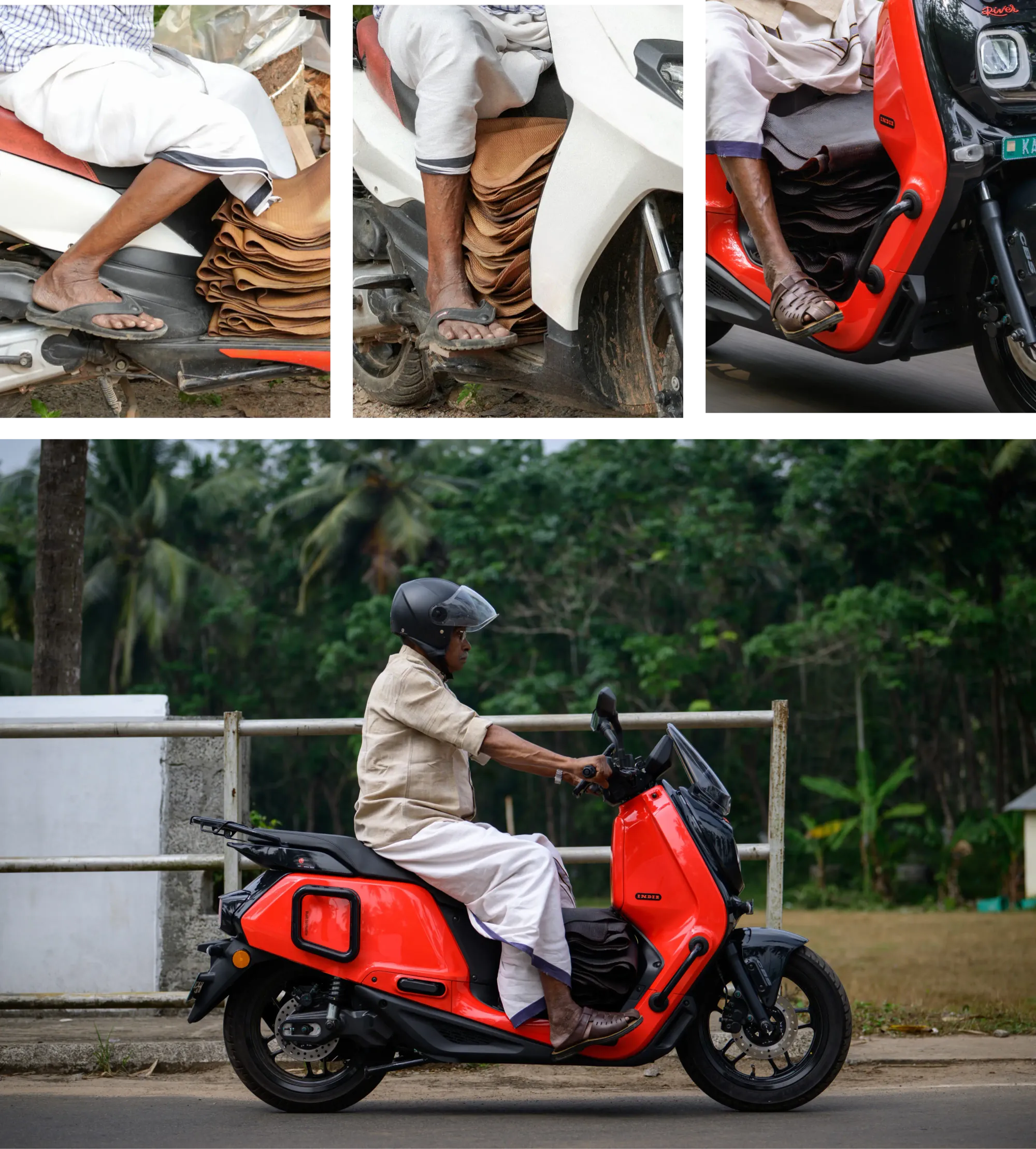 Collage: Top: rubber sheets on floorboard, no legroom; Mid: wooden plank hack; Right and Bottom: River Indie front foot-pegs solving legroom for rubber sheet transport