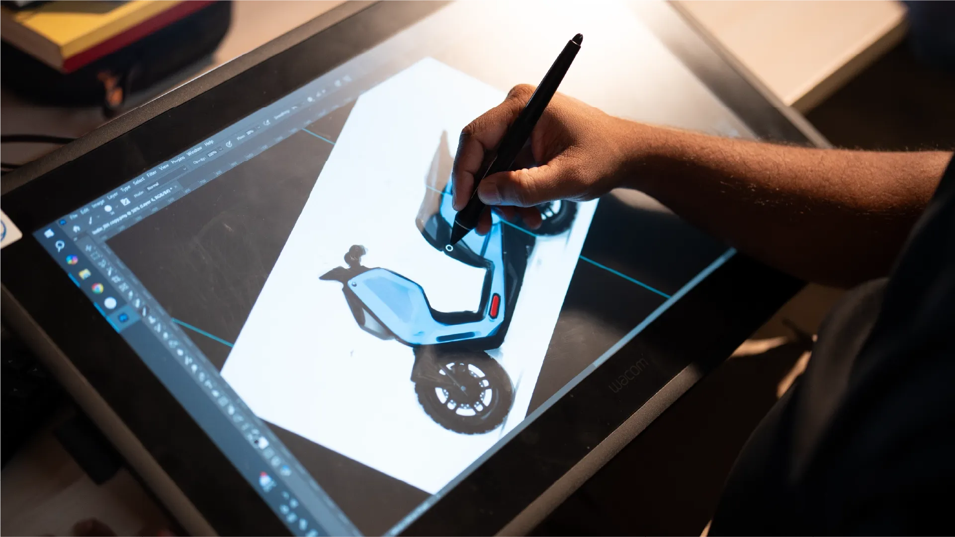 Close-up view of Vipin's digital sketch of the River Indie scooter