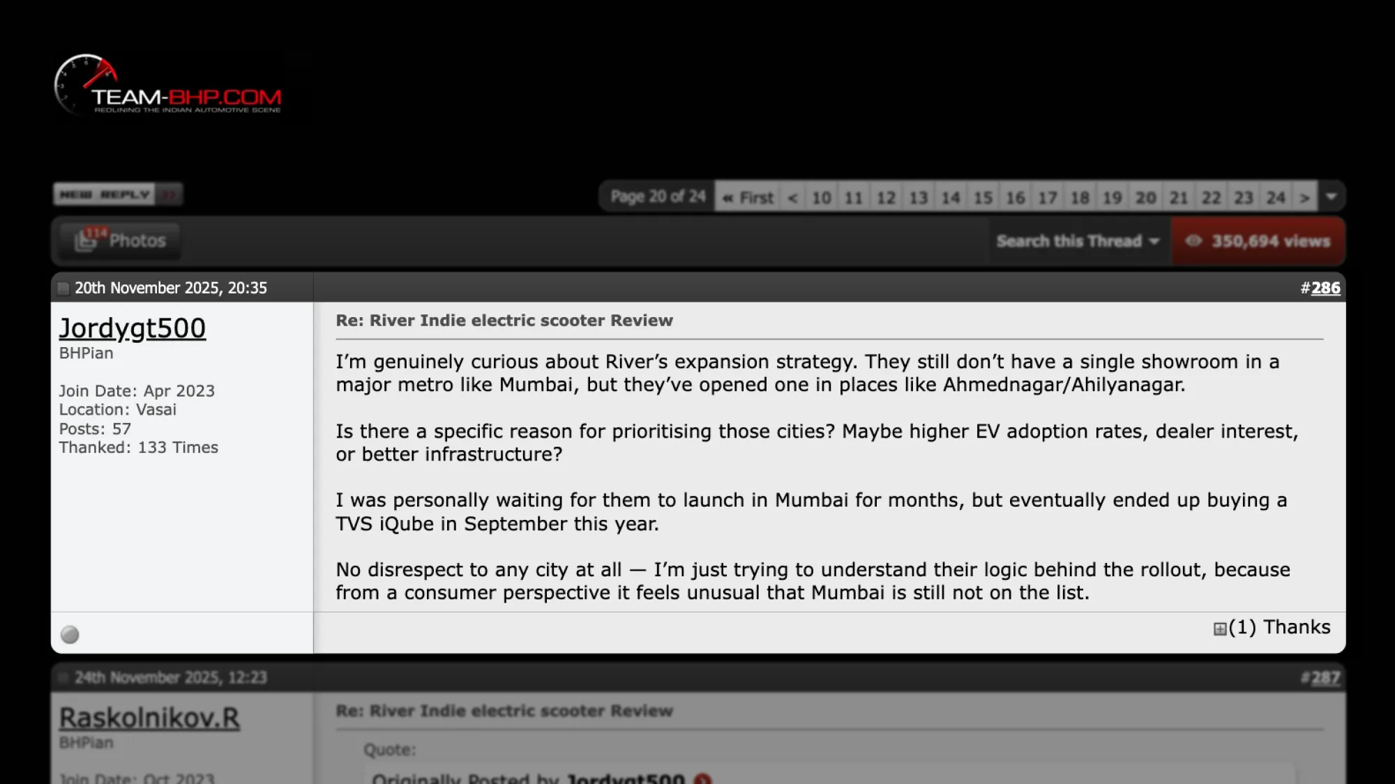 Screenshot of Jordygt500's review on TeamBHP, 20th November 2025, 20:35