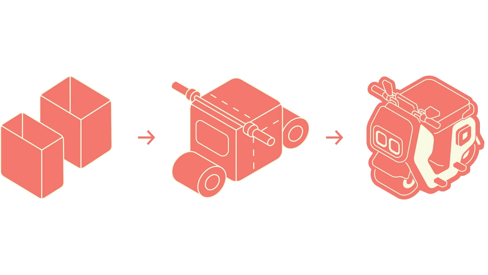 Illustration: 3-step design: two boxes, connected with two wheels, a handlebar, and a seat, to make the final shape of the Indie.