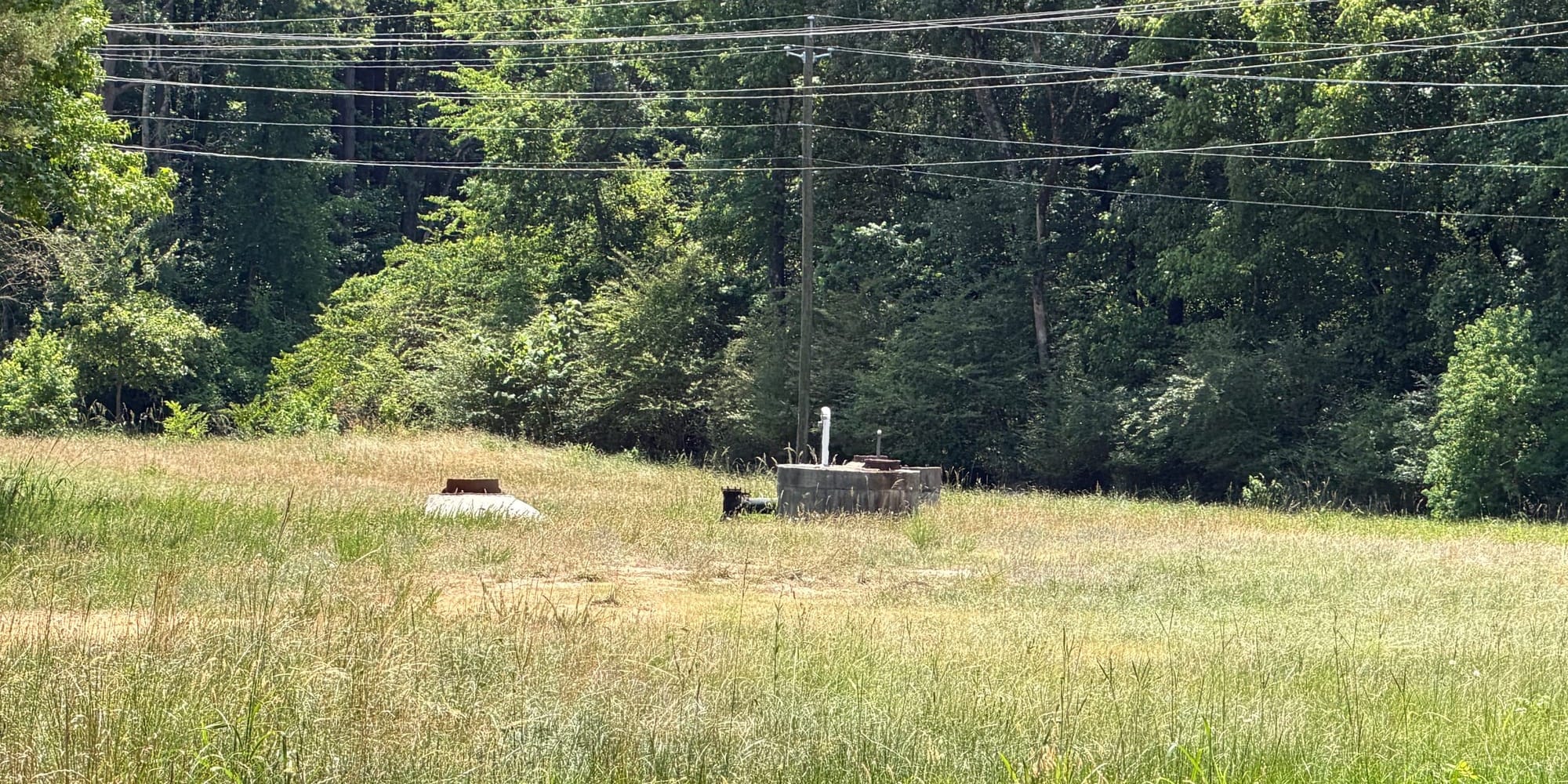 A grassy utility easement bordered by dense trees, with utility lines overhead and sewer infrastructure visible in the field.