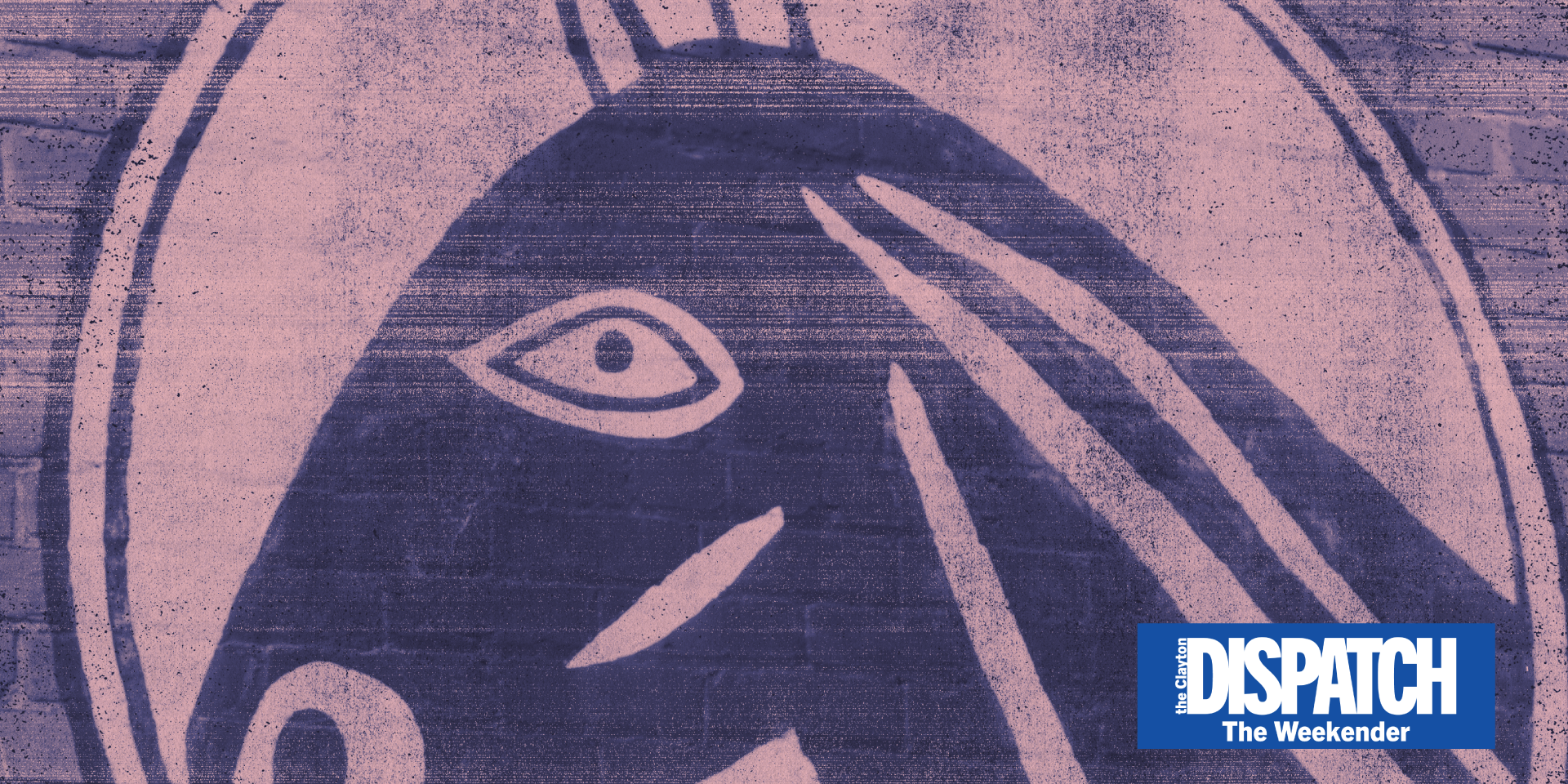 Close-up of a stylized mule mural in dusty pink and dark blue, with The Clayton Dispatch: The Weekender logo in the lower-right corner.