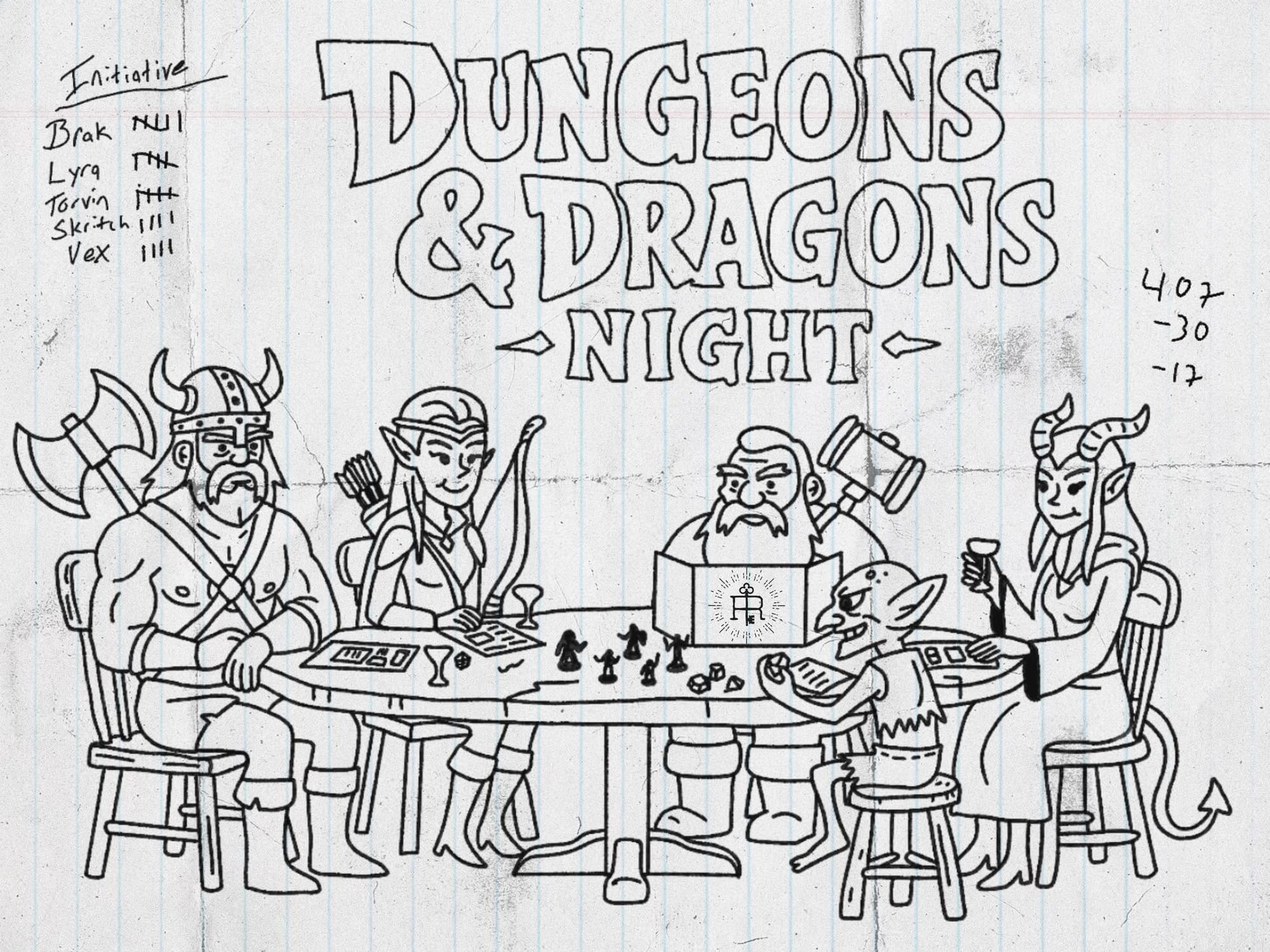 Black-and-white hand-drawn flyer on lined notebook paper reading “Dungeons & Dragons Night,” with fantasy characters seated around a table playing a tabletop role-playing game.