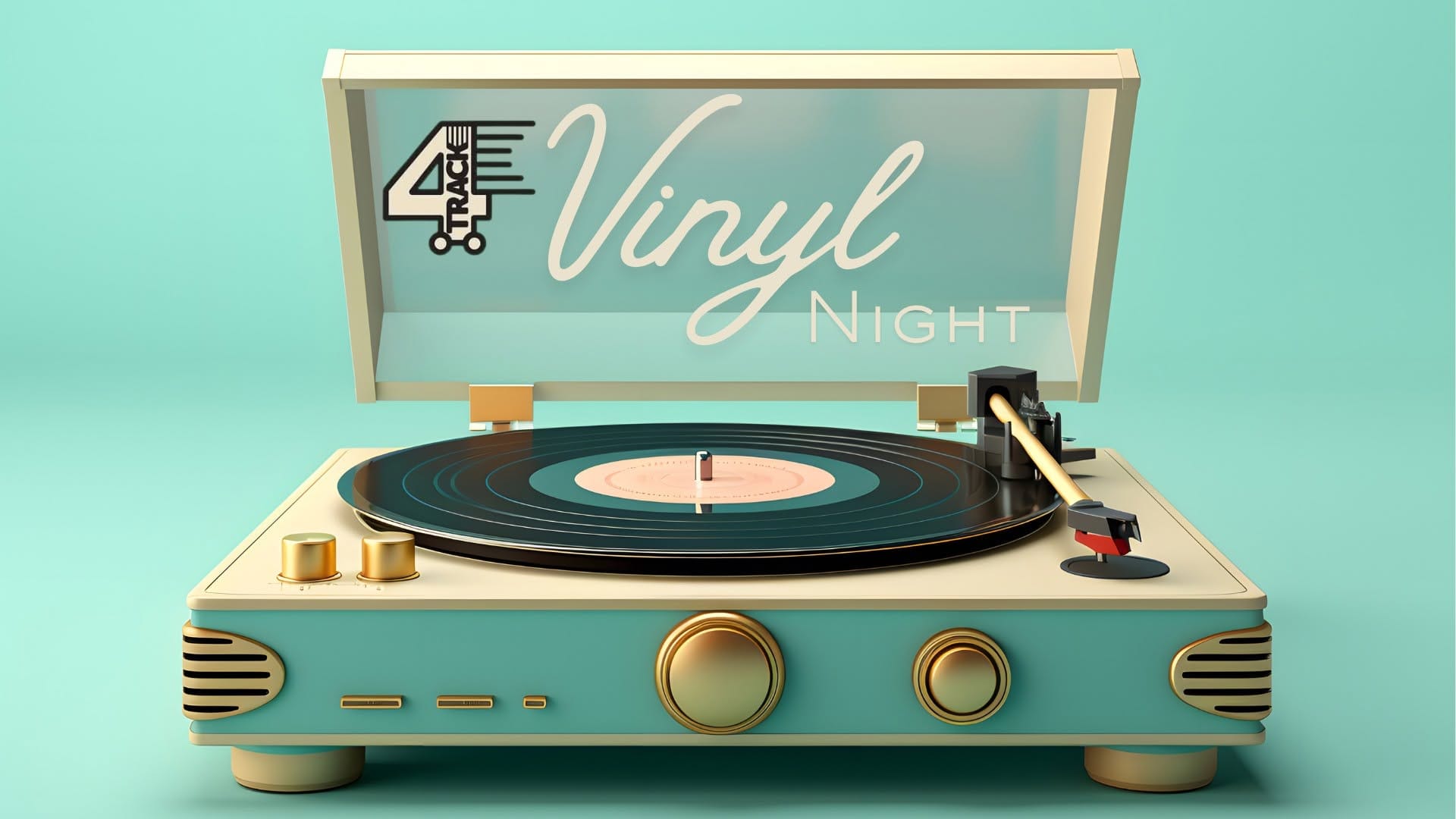 Retro-style illustration of a turquoise and cream record player with a vinyl record on the turntable and “4 Track Vinyl Night” written across the open lid.
