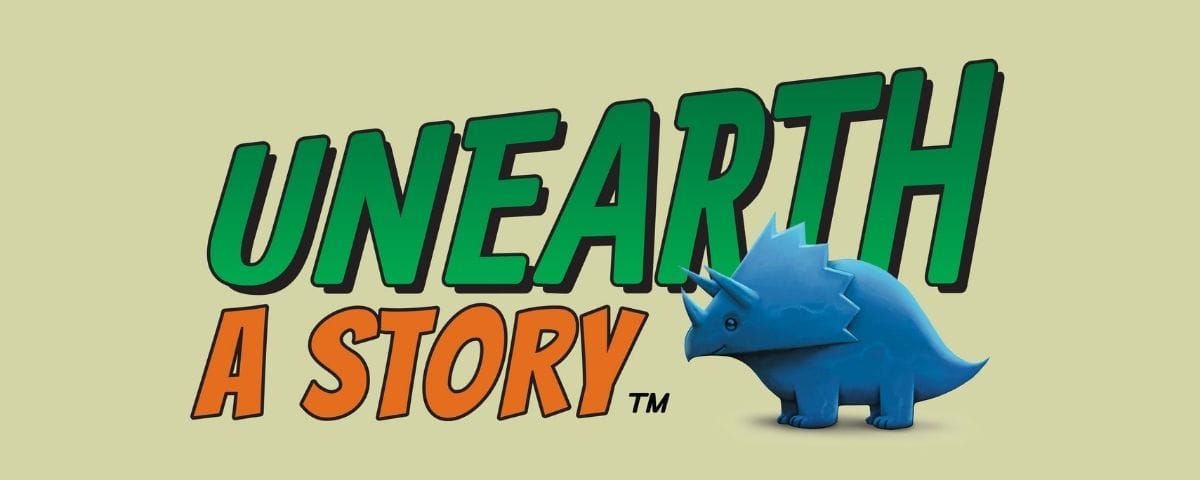 Graphic for the “Unearth a Story” summer reading program, with large green and orange text and a small blue cartoon triceratops on a pale green background.