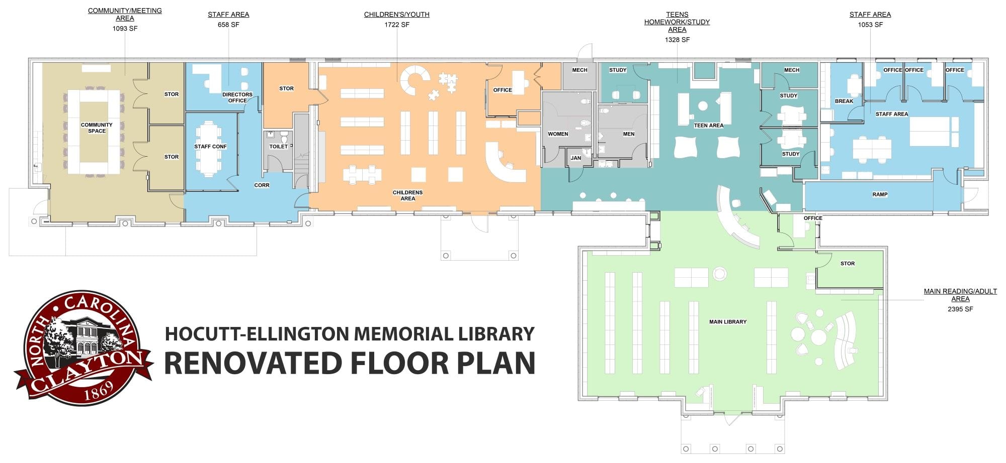 Renovated floor plan for Hocutt-Ellington Memorial Library in Clayton, showing color-coded areas for the community meeting room, children’s area, teen homework and study area, main reading and adult area, staff areas, offices, study rooms, restrooms, storage, and ramp access.