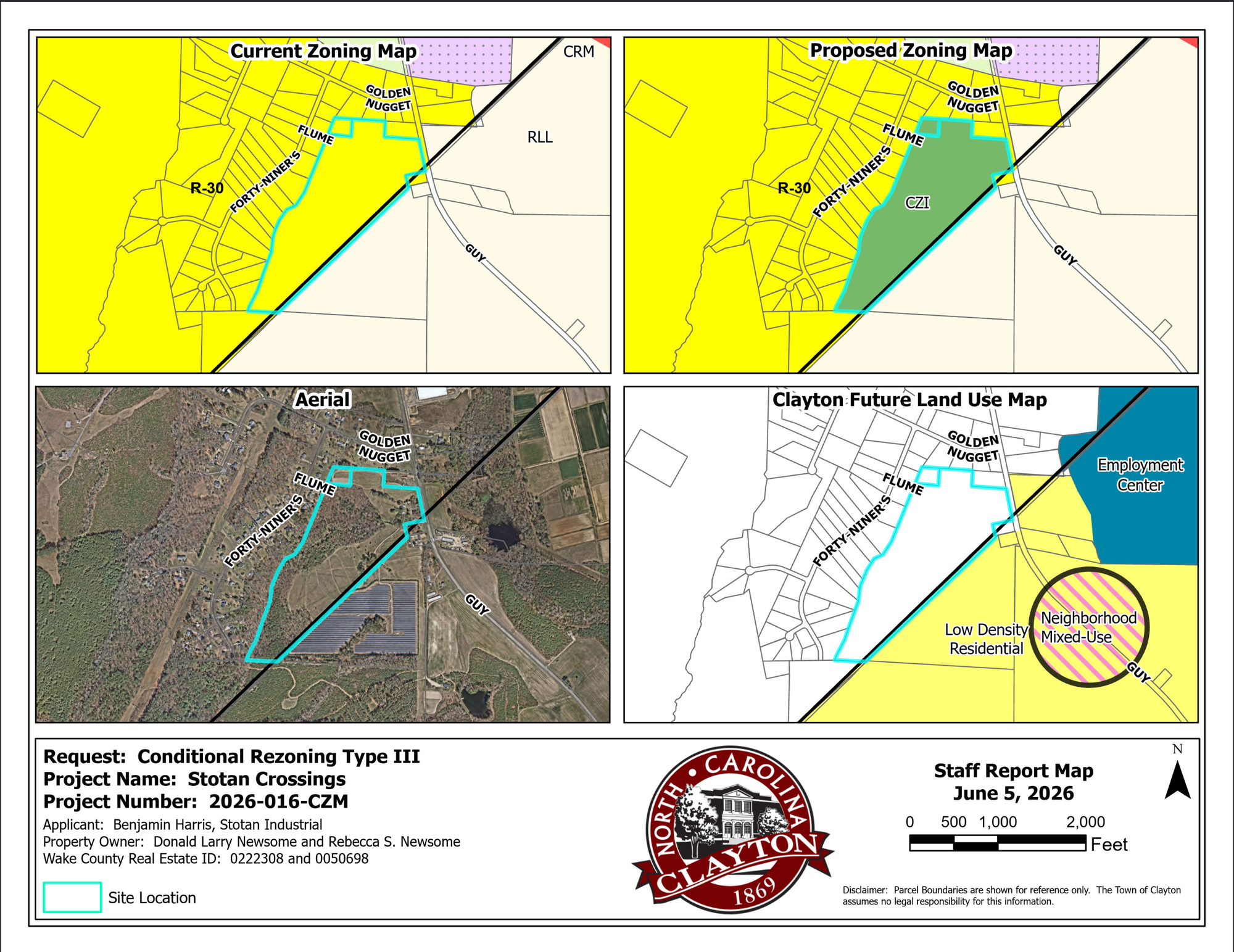 Four-panel Town of Clayton map showing the Stotan Crossings property outlined in blue along Guy Road near Forty Niners Road and Golden Nugget Drive. The top panels compare the former Wake County R-30 residential zoning with the approved Clayton Conditional Industrial zoning. The bottom panels show an aerial view of the wooded site and Clayton’s Future Land Use Map, with nearby areas designated Low Density Residential, Neighborhood Mixed-Use and Employment Center.