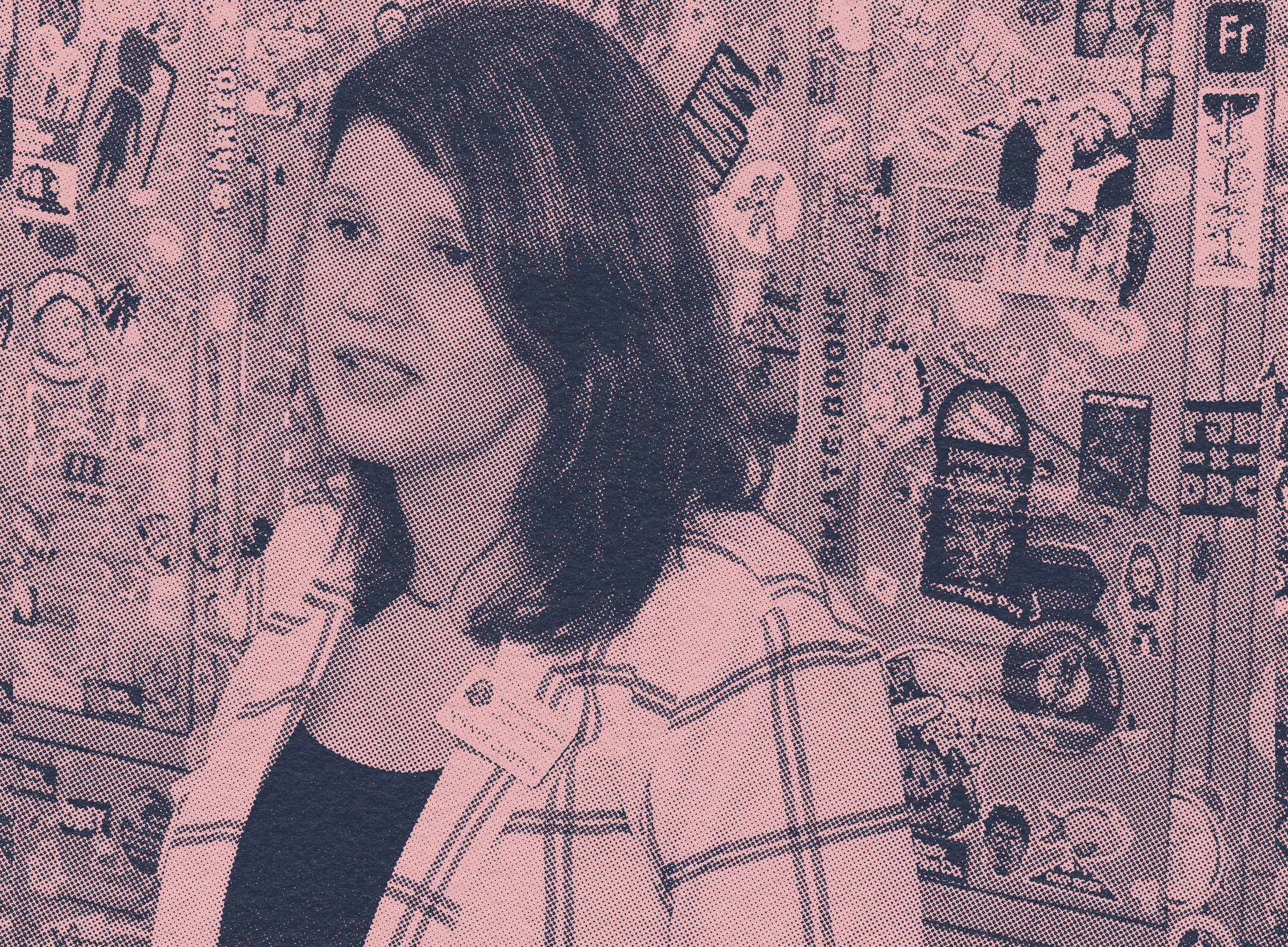 Halftone-style portrait of a woman seated indoors, with a café or shop interior in the background.