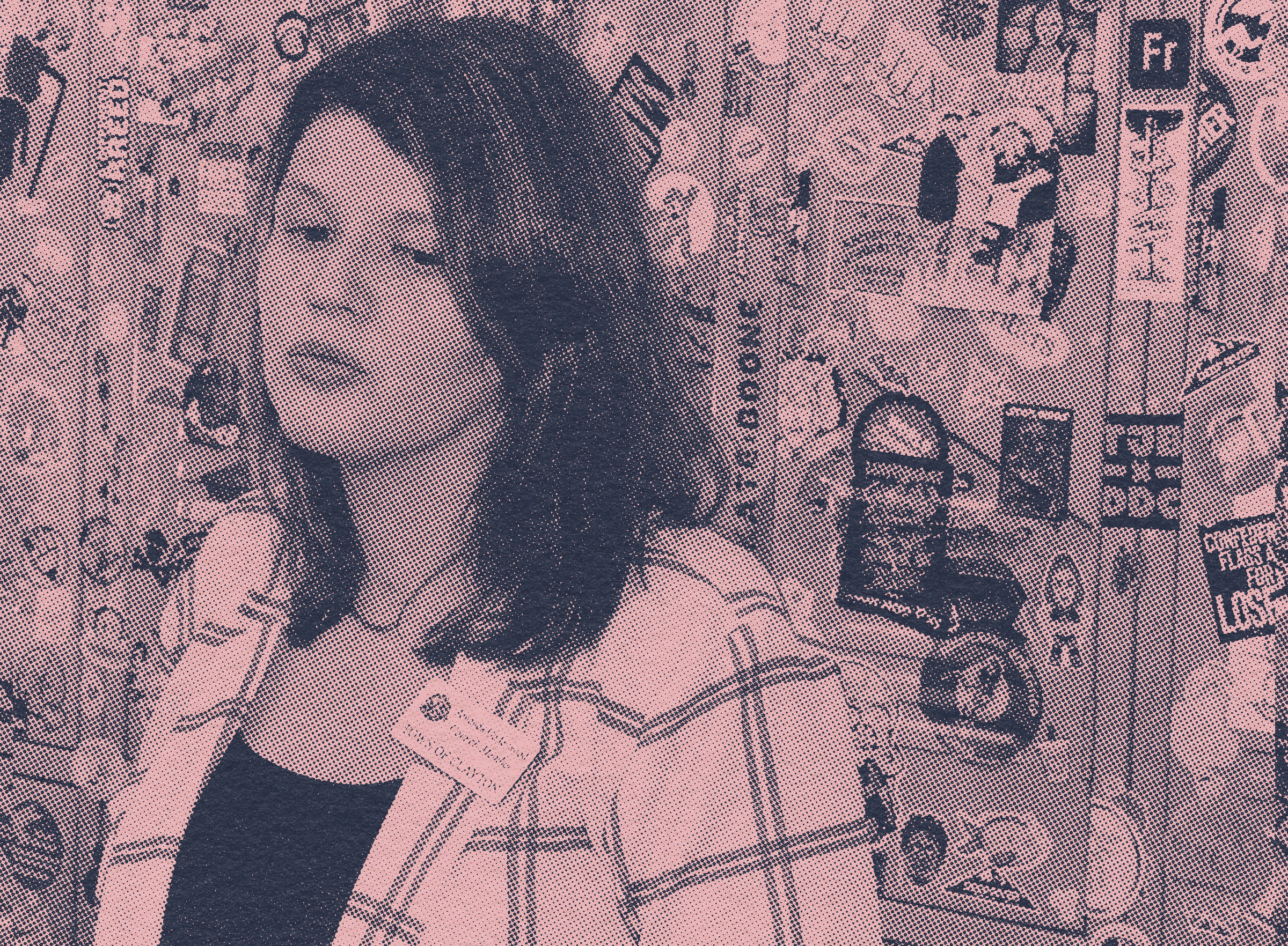 Halftone-style portrait of Amanda Underwood seated indoors, with a café or shop interior in the background.