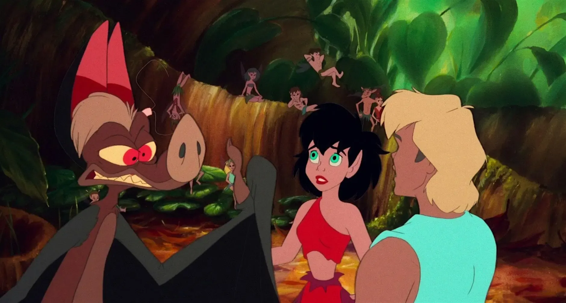 Animated scene from FernGully showing several fairy characters and a bat-like creature gathered in a lush rainforest setting.