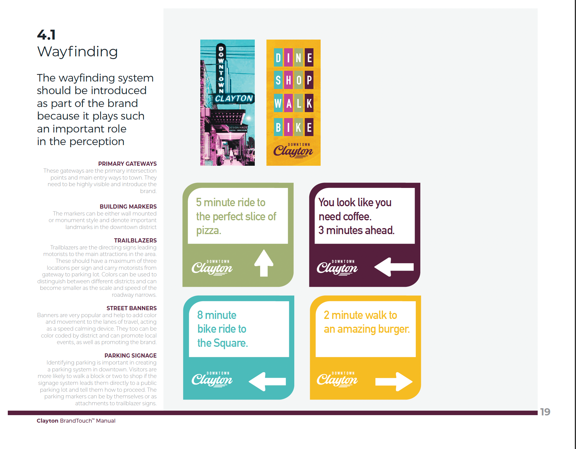 A page titled “Wayfinding” from Clayton’s downtown branding manual shows colorful proposed directional signs for parking, restaurants, shops and other downtown destinations. The page says wayfinding should be introduced as part of the brand and that parking signage is important to creating a downtown parking system.